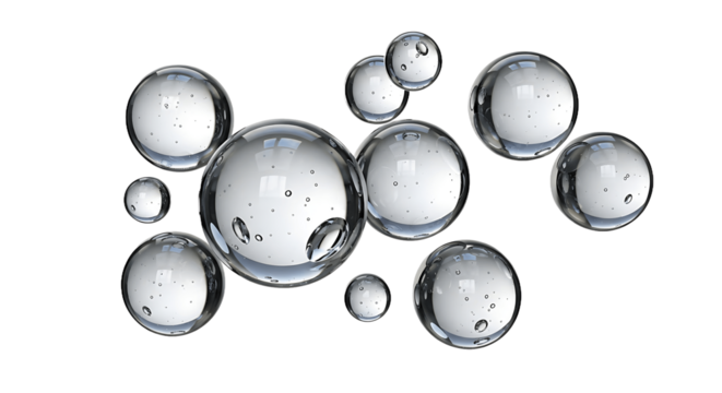 Transparent Liquid Bubbles and Air Spheres Floating on Green Background - Abstract Water Droplets for Science and Cosmetic Themes