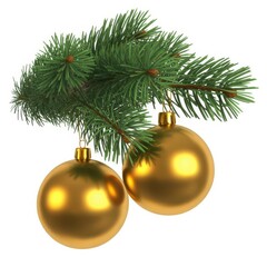 Fototapeta premium Golden christmas ornaments hanging on a pine branch