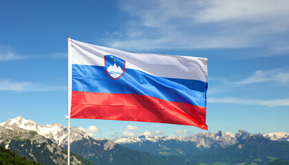 Fly the Slovenian flag proudly with stunning alpine views - show your spirit of Slovenia in travel, culture, sports and national pride celebrations