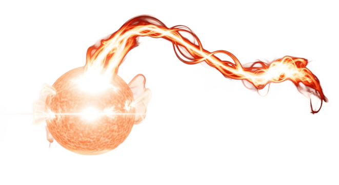 Dynamic bright energy flow from a glowing orange sphere, abstract digital plasma light