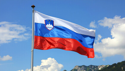 Slovenian flag waving proudly against a bright blue sky, representing national pride and identity with mountains visible in the background