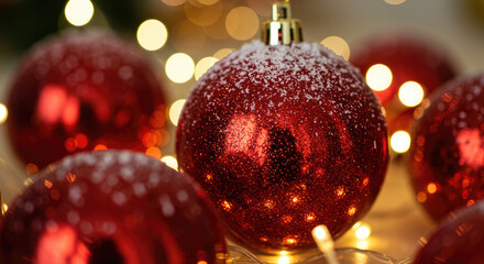 Red Christmas Ornament with Snow In Front of Bokeh Lights.