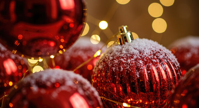 Christmas Background with Shimmering Red Baubles And Lights.
