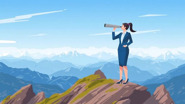 Visionary Businesswoman on Mountain Peak with Telescope, Symbolizing Future Vision, Strategic Foresight, and Opportunity Exploration for Business G...