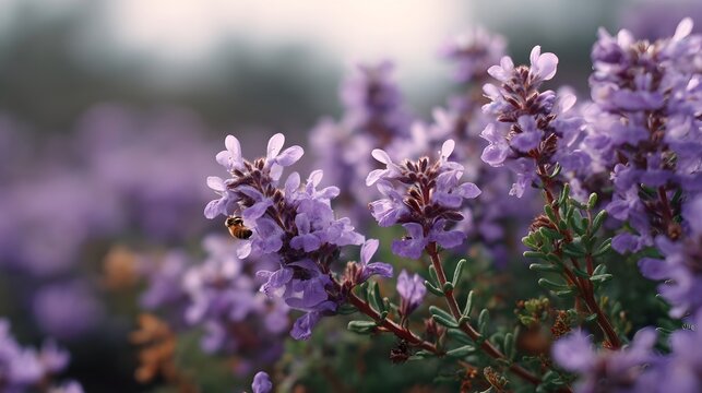 Close up of a bee pollinating a cluster of delicate purple blossoms with a softly blurred background - Powered by Adobe