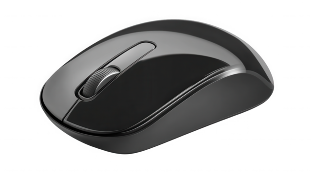 Black wireless computer mouse isolated on transparent background for desktop use