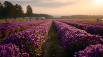 Rows of purple lavender flowers stretch towards a golden sunset