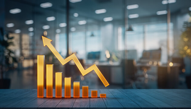 A 3D render of a glowing golden bar graph and zigzag line graph showing a sharp increase, followed by fluctuation and a downturn, placed on a wooden desk in a blurred, modern office environment.