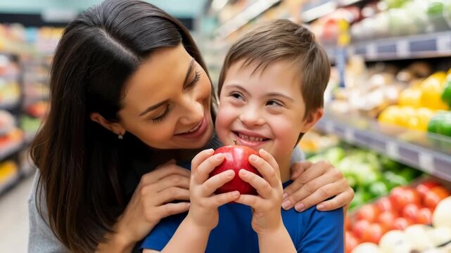 Heartwarming moment in grocery store: mother and child share joyful connection with fresh produce