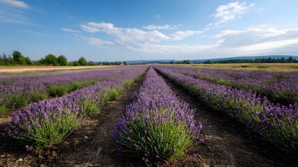 Fototapeta premium A vast lavender field with perfectly aligned rows of purple blooms stretching towards the horizon under a clear blue sky