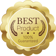 Elegant Gold Seal Award for Best Product with Laurel Wreaths and 100% Guarantee Text Overlay on Transparent Background