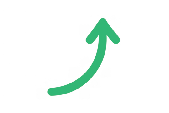 Green curved arrow pointing up, illustrating business growth, financial increase, positive progress, and successful development on transparent background