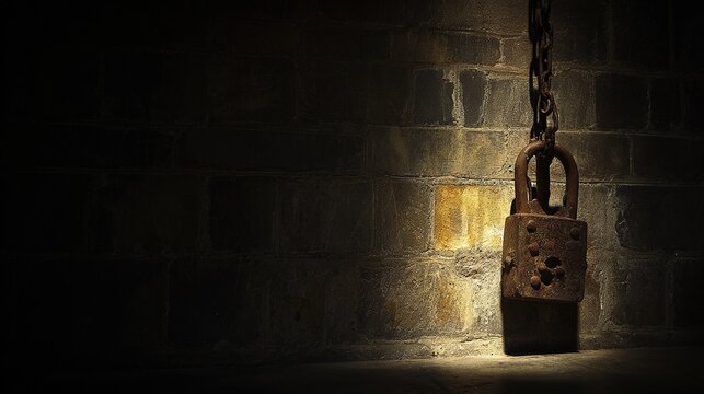 shackles. Ancient iron shackles locked on a stone wall with a hanging chain. event programs, museum guides, designed for cultural heritage projects and event programs, supports education.