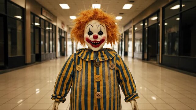 Creepy clown standing in an empty shopping mall corridor