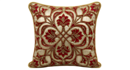 Decorative red and gold pillow with pattern isolated on transparent background.