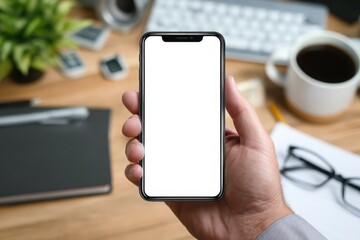 Shot of an adult man holding his smartphone with a blank white screen while sitting at an office desk and looking at a computer monitor displaying charts, close-up view.