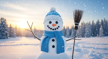 Cute winter scene of a classic snowman with stick arms and a carrot nose during active snowfall outdoors