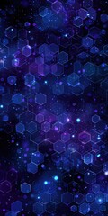 Abstract artwork featuring a nebula-like field of glowing hexagonal shapes in shades of blue and purple, interspersed with tiny sparkling lights against a dark background