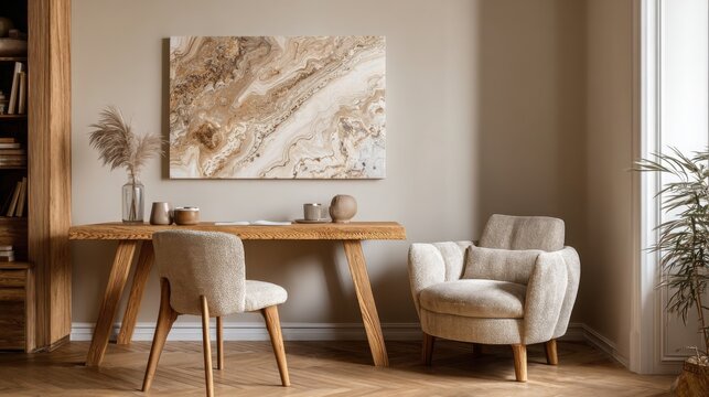 modern interior design of the study room with a wooden desk, an armchair, and a large abstract painting on the wall. minimalist home office in a color scheme. - Powered by Adobe