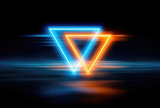 Two glowing neon triangles, blue and orange, overlap in a dark, abstract space with blurred light trails reflecting on a glossy surface