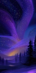 Vibrant purple and blue aurora borealis illuminates a snow-covered forest at night, stars twinkling across the vast, dark sky