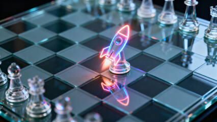 Neon Rocket on Chessboard Representing Innovation and Strategy in Business Concept