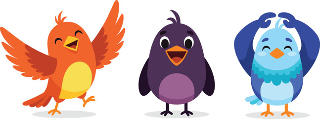 Three cute colorful cartoon birds, happy funny animal characters illustration, adorable vector design for kids, nature and wildlife art