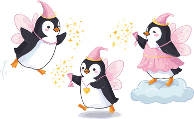 Magical cartoon penguins dressed as fairies with wings, wands, and sparkles in a whimsical fantasy-themed illustration