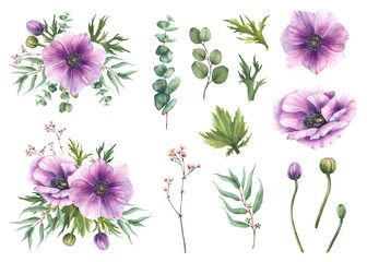 Anemone Purple flowers bouquet. Watercolor Windflowers floral set with pink buds and eucalyptus green leaves. On isolated white background clipart for wedding, greeting card. Hand drawn illustration © Bartol_art
