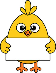 Cute yellow cartoon chick holding blank white sign, adorable baby bird illustration for message, banner, poster, and children’s design