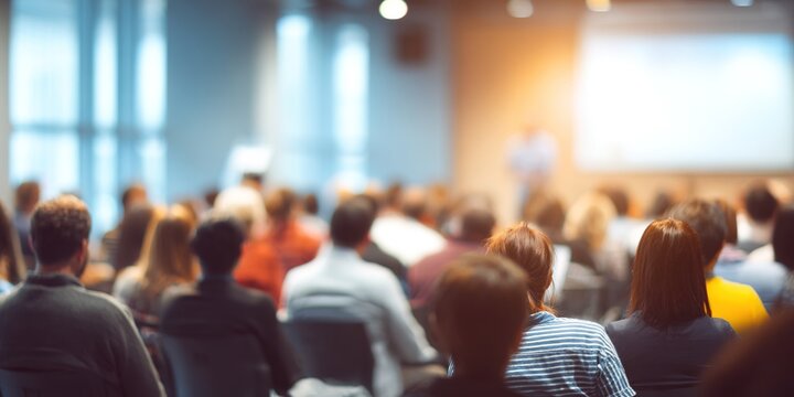 Blurred background of an audience at a corporate seminar or workshop. High quality