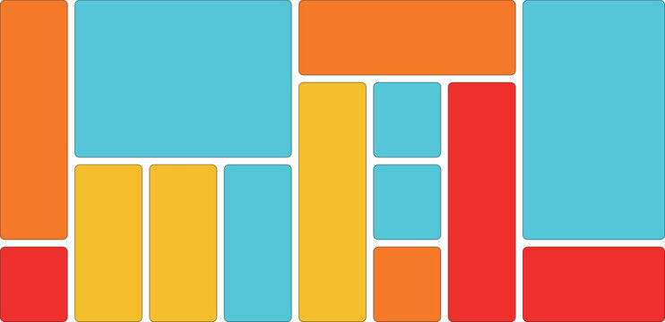 Abstract mosaic of colorful rectangles and squares in a gridlike pattern, featuring orange, cyan, yellow, and red
