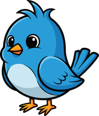 Cute blue cartoon bird with big eyes standing on yellow feet, adorable animal illustration, isolated vector design for kids art