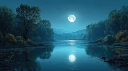 Moonlit river flowing through dense forest concept. Serene night landscape with moon reflecting on calm water.