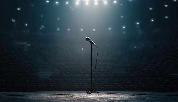 Microphone standing alone, view from scene to dark auditorium. High quality