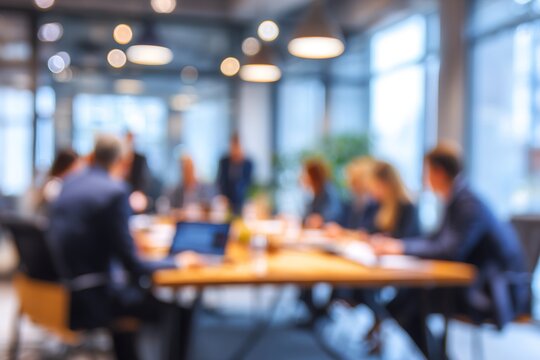 Blur office meeting blurred background with business people working group in boardroom discussion, executive seminar or professional training in enterprise. High quality