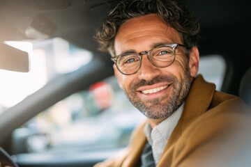 photograph of a handsome, smiling man, sitting behind the wheel of a modern car.