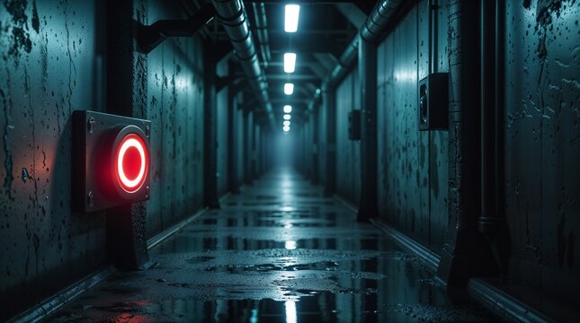 In a dimly lit industrial corridor, a red emergency button becomes the central point of tension and visual contrast, glowing with a sharp, almost alarming brilliance against the muted tones 