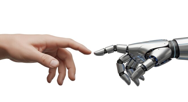 Robot and human hands about to touch, a modern Creation of Adam concept. Isolated on white background