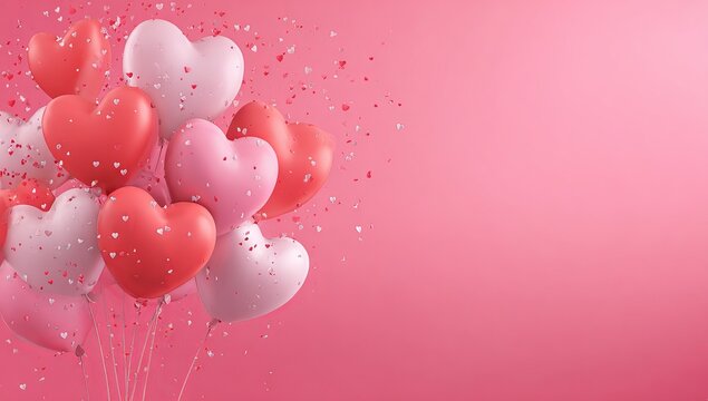 Pink and red heart balloons with confetti celebration