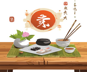 Experience traditional Asian cuisine elegantly displayed with artistic elements, perfect for cultural projects, food blogs, or promoting authentic dining experiences © MinimalistMugss