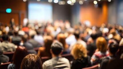 Conference Audience Blur: A blurred background of an audience at a conference or seminar, with rows of seats and people listening attentively. High quality