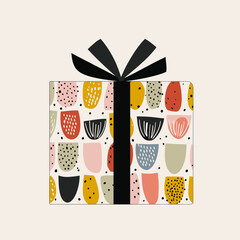 Colorful Gift Box with Abstract Pattern and Black Ribbon.