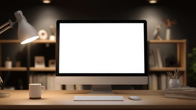 scenic work desk with computer mockup, blank screen, front view, close-up, modern office background, soft lighting, minimalist style, professional photography, - Powered by Adobe