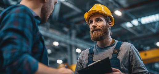 Obraz premium man in blue overalls and a yellow helmet, holding a clipboard inside the factory.