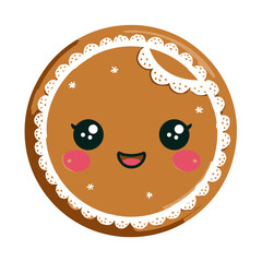 Cute Gingerbread Cookie with Kawaii Face and Decorative Icing.