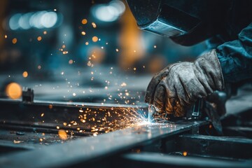 Close-up of a man welding a metal frame with sparks at a factory in an industrial workshop during the production process. industry concept.