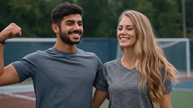 Confident man flexing bicep alongside smiling woman on sports field, celebrating fitness and healthy lifestyle as a happy couple.