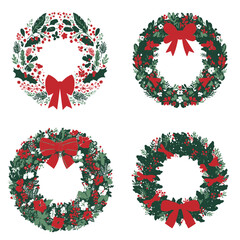 Festive Christmas Wreaths with Bows and Berries.