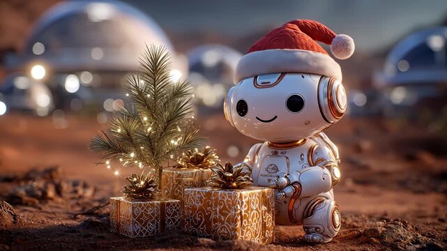 Festive Robot Celebrates Christmas on Mars With Sparkling Gifts and Greenery Under a Glowing Sky